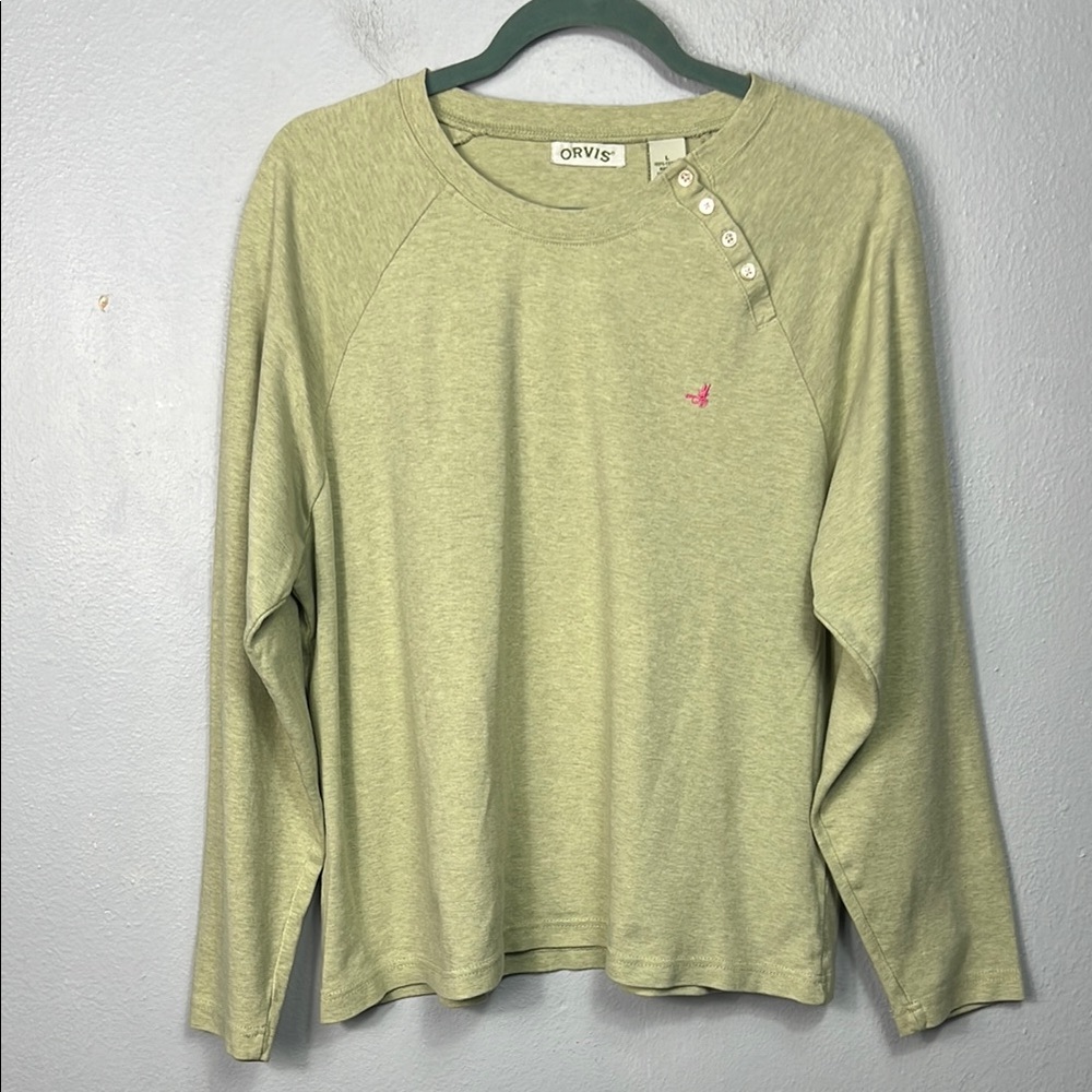 Orvis Light Heather Green Long Sleeve Shoulder Button Top Large